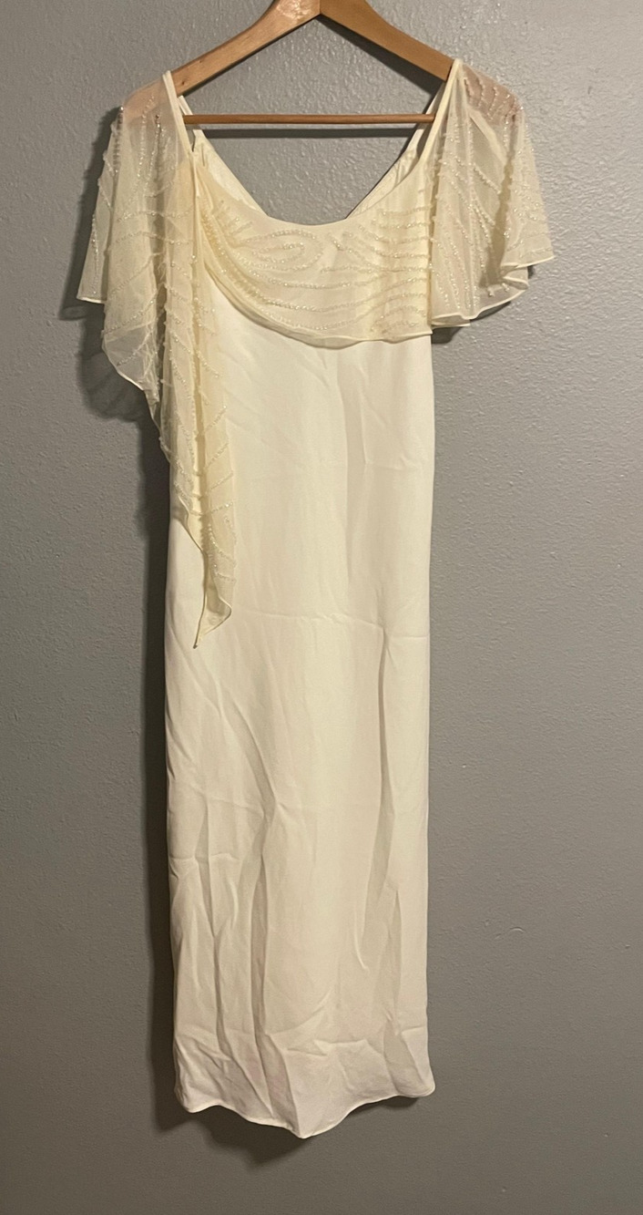 Vintage S.L. Fashions Womens Dress Size 14 White Beaded Cowl Neck Fairy Y2K FLAW